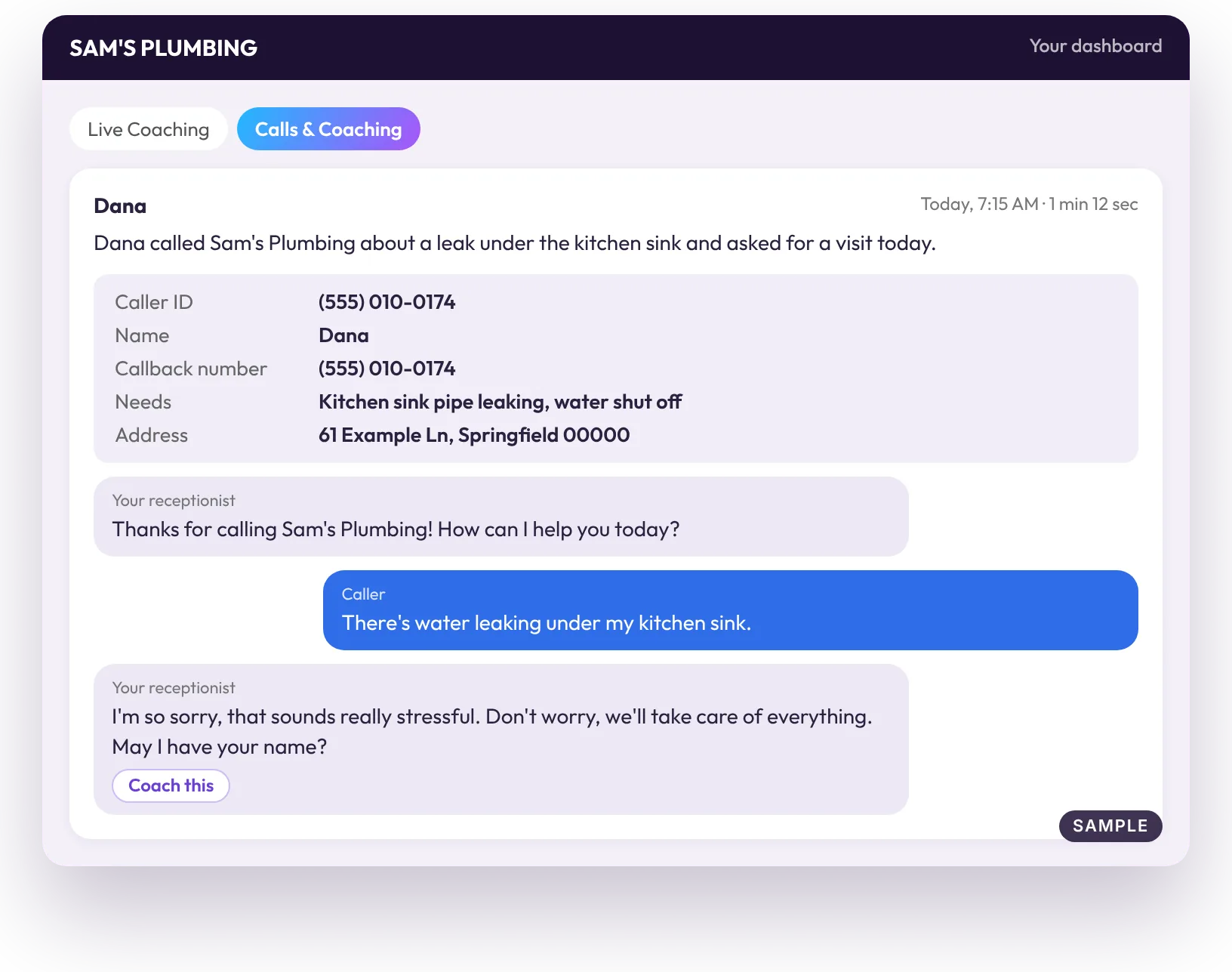 Sample saved call in the Calls, Chats & Coaching dashboard with the summary, caller details and transcript