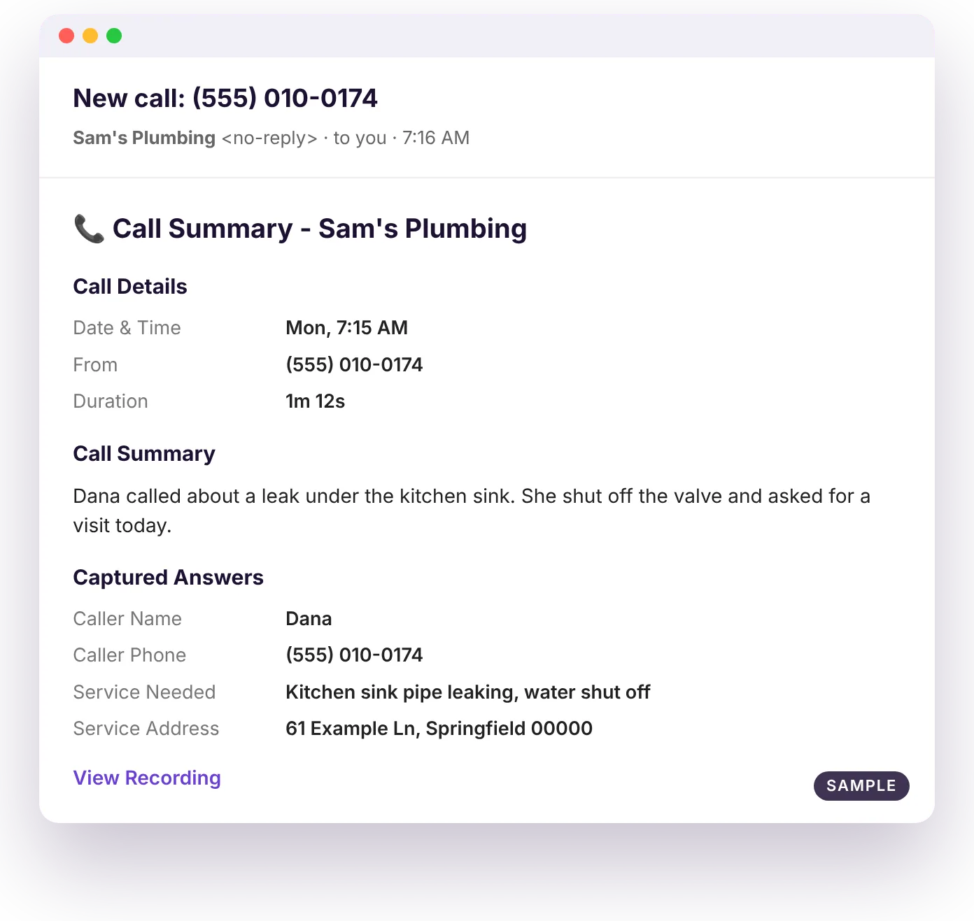 Sample call summary email with call details, a short summary, the captured answers and a link to the call details