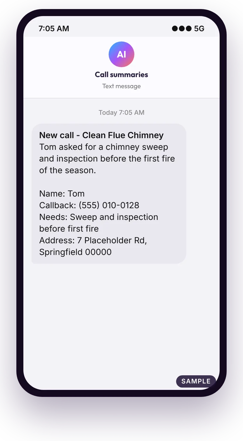 Sample text message after a chimney sweep call: caller name, callback number, what they need and the address