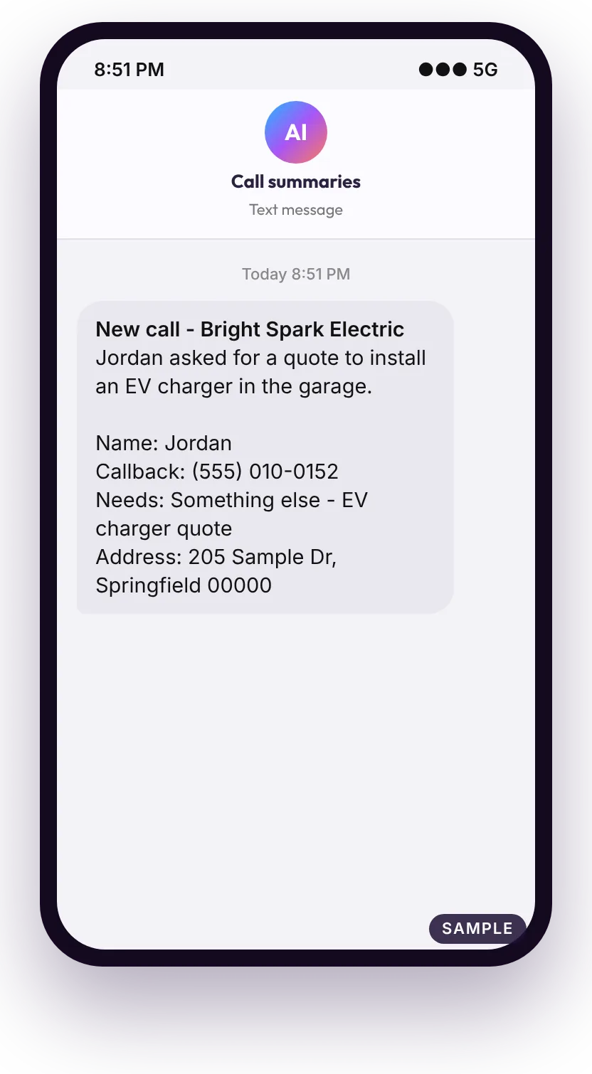 Sample text message after a electrical call: caller name, callback number, what they need and the address