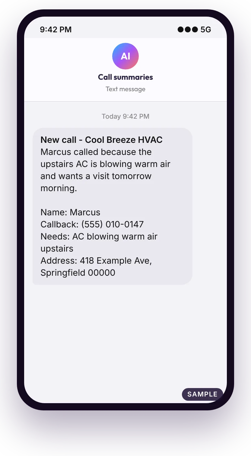 Sample text message after a hvac air duct call: caller name, callback number, what they need and the address