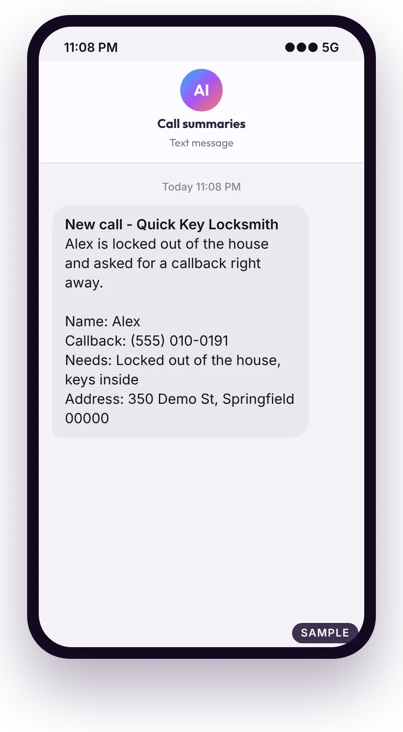 Sample text message after a locksmith call: caller name, callback number, what they need and the address