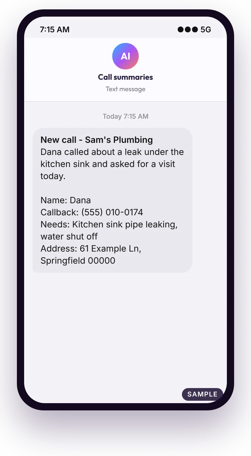 Sample text message after a plumbing call: caller name, callback number, what they need and the address